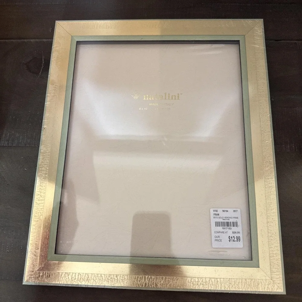 Vintage Natalini Italy 8 X 10 Inlaid Green and Gold Frame Pink Felt Back NWT
